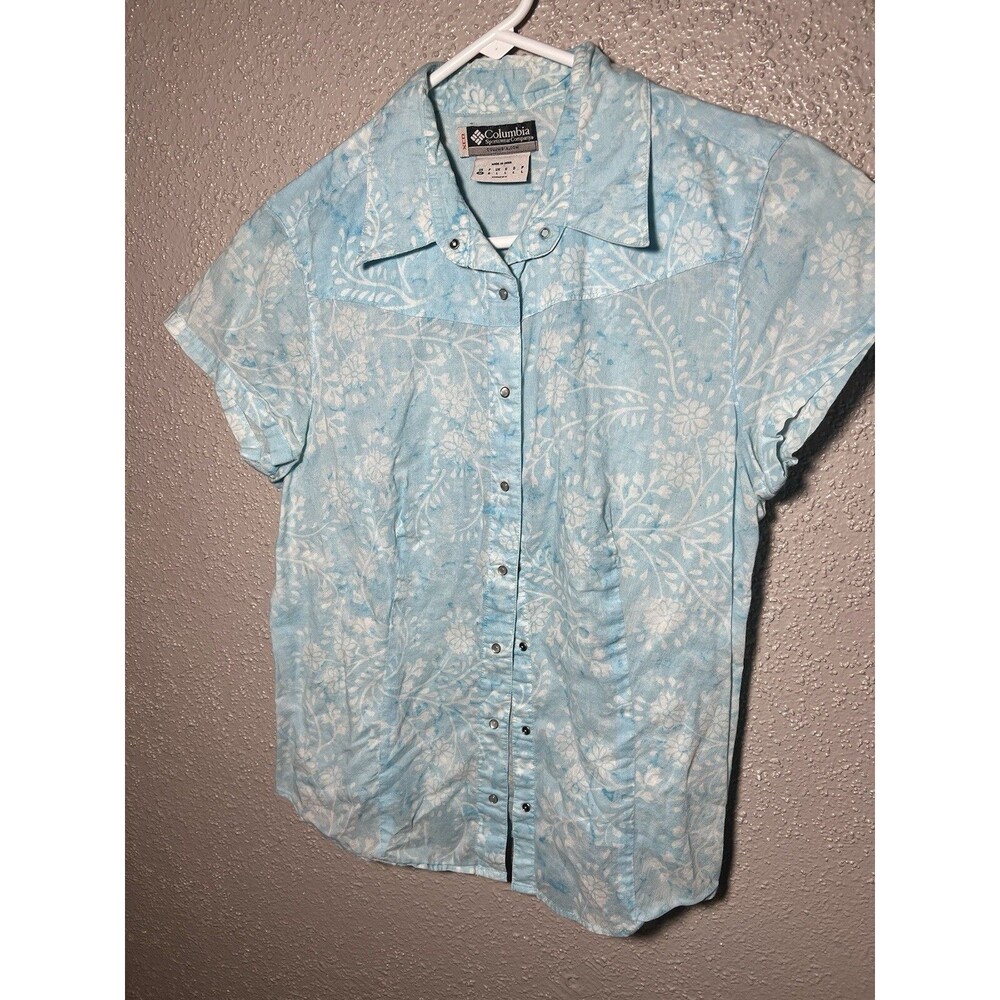 Vintage Columbia Cotton Pearl Snap Button Down Short Sleeve Top %100 Cotton